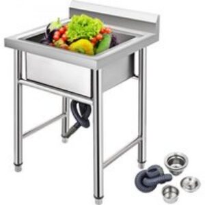 VEVOR Évier Inox de Cuisine 1 Bac Évier sur Pieds en Acier Inox Anti-Eclaboussures Lavabo Inox Professionnel pour Faire la Plonge Cuisine de Restaurants, Salle de Bain, Garages, Entrepôts 93x61x60cm