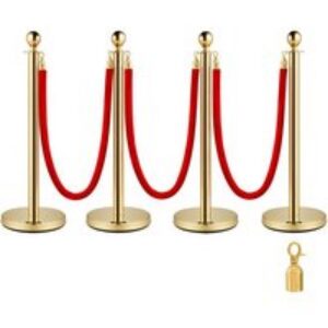 VEVOR 4 Poteaux de Guidage Poteaux de Séparation d&rsquo;Or avec 3 Cordes en Velours Rouges 1,5 m, 4 PCS Poteaux de Contrôle des Foules en Acier Inoxydable Connexion à Quatre Voies pour Contrôle des Foules