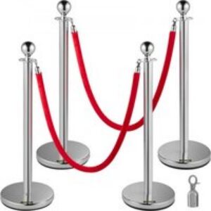 VEVOR Poteau de Guidage Séparation d&rsquo;Argent 4 Pcs avec 2 Cordes Velours Rouges 1,5 m, Fils d&rsquo;Attente de Queue Poteau Individuel de Sécurité 96 cm Hauteur Barrière de Queue pour Contrôle des Foules