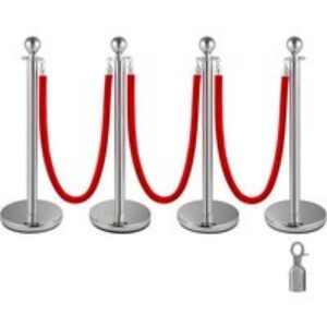 VEVOR 4 Poteaux de Guidage Séparation Argenté avec 3 Cordes Velours Rouges 1,5 m, 4 PCS Fils d&rsquo;Attente Barrière de Queue Poteau Individuel de Sécurité 96 cm Hauteur pour Contrôle Séparation de Foule